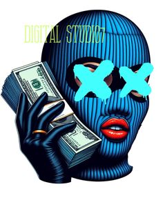 a drawing of a woman with blue makeup and money in front of her face that says digital studio