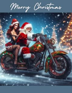 a woman riding on the back of a motorcycle with santa clause sitting on it's seat