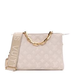 This is an authentic LOUIS VUITTON Lambskin Embossed Monogram Coussin PM in Beige Cream. From Louis Vuitton's Spring 2021 collection, this soft and supple shoulder bag is featured in puffy lambskin in white, and is embossed with Louis Vuitton monogram. The bag can be carried solo as a clutch, or with the gold hardware Edge Chain strap or the adjustable strap for wearing crossbody or on the shoulder. The top zipper opens to three a green leather interior with a central zipper compartment. Light Pink Louis Vuitton Bag, Pink Louis Vuitton Bag, White Louis Vuitton Bag, Louis Bag, Louis Vuitton Crossbody Bag, Louis Vuitton Clutch, Louis Vuitton Pink, Fanny Bag, Louis Vuitton Crossbody