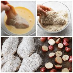 four different pictures showing the process of making cookies and pastries with powdered sugar