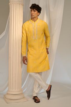 Yellow kurta with floral embroidered placket, cuff and scattered buttis. Comes with contrasting pyjama pant. - Aza Fashions Handloom Kurta, Yellow Kurta, Kurta Set For Men, Eid Party, Diana Penty, Sara Ali Khan, Madhuri Dixit, Luxury Sale, Pajama Pant