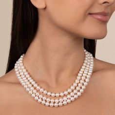 Bring on Jackie Onassis with this superb-quality, three-row pearl necklace fit for a first lady. When you admire this triple strand of fine pearls in front of the mirror for the first time, one thing will be unmistakable - nothing quite compares to full triple strand of white pearls. You will look radiant wearing them. The pearls are 7.5-8.0 mm in size. This is the most popular size we carry in single strands, and a triple strand of these creates a true statement piece that is sure to be noticed