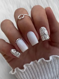 White Gel Nails, Engagement Nails, Formal Nails, Colorful Nails, White Nail Designs, Silver Nails, Fancy Nails