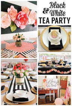 black and white tea party with pink flowers