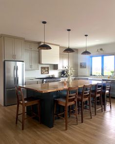 a large kitchen with an island in the middle