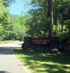 there is a sign for the state park on the side of the road in front of some trees