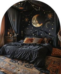 an image of a bedroom setting with moon and stars on the wall