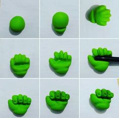 several pictures of green plastic hands and fingers