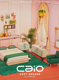 the bedroom is decorated in pastel pink and green