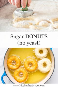 sugar donuts are being cooked in a pan and then fried to make doughnuts