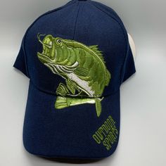 Condition: New With Tags: A Brand-New, Unused, And Unworn Item With Tag Department: Men/ Unisex Size: One Size Fits Most Velcro Adjustable Back Material: 100% Acrylic Brand: Icon Style: Baseball Cap Fully Embordered: Outdoor Sports Lettering On Bill And Bass Fish Color: Navy Blue Theme: Sports, Fish Made In China Casual Fishing Hat With Visor, Navy Casual Hat For Outdoor Activities, Casual Navy Hat For Outdoor Activities, Blue Baseball Cap With Visor For Outdoor Activities, Blue Curved Brim Fishing Hat, Navy Casual Baseball Cap For Outdoor Activities, Navy Casual Baseball Cap For Outdoor, Navy Casual Trucker Hat For Outdoor Activities, Casual Navy Trucker Hat For Outdoor Activities