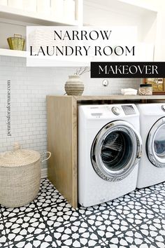 a washer and dryer in a room with black and white tile