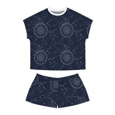 Embrace the stars with our Zodiac Women's Short Pajama Set. Crafted with soft, breathable fabric, this set is perfect for a cozy night in or a lazy weekend morning. The unique zodiac design adds a touch of celestial charm, making it a perfect gift for astrology enthusiasts. Whether you're a fiery Aries or a dreamy Pisces, find comfort in the stars with this stylish and comfortable pajama set. .: Materials: 100% polyester base, 100% cotton collar .: Seam thread color is matched close to the desig Lazy Weekend, Womens Pajama Shorts, Zodiac Designs, Comfortable Pajamas, Cozy Night, Charm Making, Sleep Shorts, Pyjama Set, Short Pajama Set