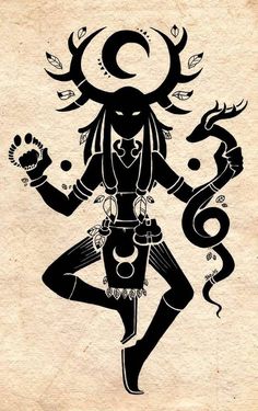 an image of a woman with horns and two snakes on her back, in black ink