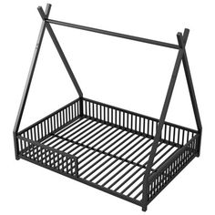 a black metal bed frame with an open top on the bottom and sides, attached to a white background