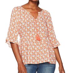 Margaritaville Size Xs Floral Pleasant Boho Blouse 100% Rayon Summer Orange V-neck Blouse, Orange Summer Blouse For Vacation, Casual Printed Orange Tops, Orange Floral Print Beach Top, Casual Orange Printed Blouse, Spring Beach Blouse In Orange, Spring Beach Orange Blouse, Orange Beach Blouse, Orange Beach Blouse For Spring