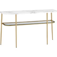 a white marble table with gold legs and a glass shelf on the bottom that has two shelves underneath it