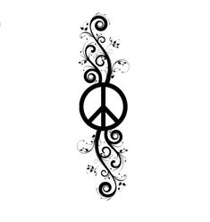 a black and white peace sign with swirly vines on it's back side