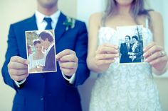 a man and woman holding up two pictures