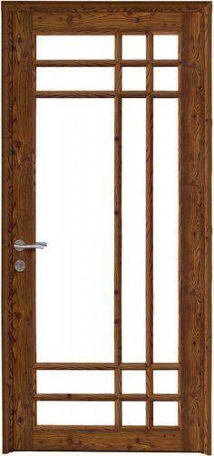 an open wooden door with glass panels and metal handle on the front side, isolated against a white background