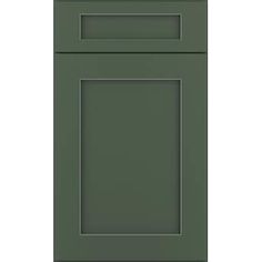 a green cabinet door with an open drawer on the bottom and side panel, in front of a white background