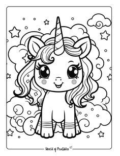 a cute little pony with stars and clouds in the background, coloring pages for kids