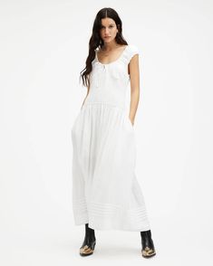 Eliza Scoop Neck Slim Fit Maxi Dress Chalk White | ALLSAINTS US Empire Waist Maxi Dress With Fitted Bodice For Daywear, Casual Maxi Dress With Fitted Bodice And Square Neck, Feminine Empire Waist Maxi Dress, Chic Empire Waist Maxi Dress For Garden Party, Elegant Smocked Bodice Maxi Dress For Daywear, Elegant Floor-length Maxi Dress With Smocked Bodice, Casual Maxi Dress With Fitted Bodice, Feminine Smocked Bodice Maxi Dress, Elegant Long Inseam Spring Dresses