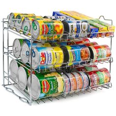 three tiered spice rack with cans and cans on it's sides, each holding different types of canned food