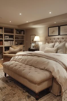 a large bed sitting in the middle of a living room next to a book shelf