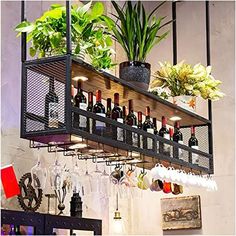 a shelf filled with lots of bottles and glasses next to potted plants on top of a wall