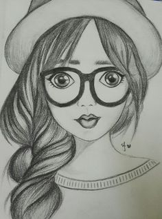 a drawing of a girl with glasses and a hat on her head, in pencil