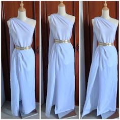 three pictures of a dress on a mannequin with gold belted waist and shoulders