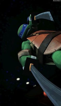 the teenage mutant ninja turtle is flying through the air with two swords in his hand