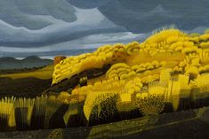 an oil painting of yellow trees on a hill with dark clouds in the sky above