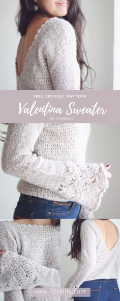 a woman wearing a white sweater and jeans with the text free crochet pattern valentine sweater