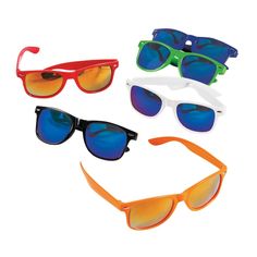 four pairs of sunglasses with different colors on them