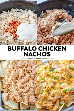 two pictures showing different types of buffalo chicken nachos