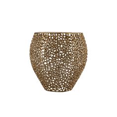 a gold vase with an intricate design on the top and bottom, sitting in front of a white background