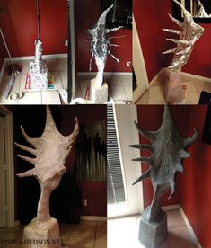 four pictures of sculptures in various stages of being made from paper machs and plastic wrappers