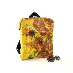 "Our modificated rucksack design with and more space inside more pockets. Unique bag with your favourite artwork on It. What can be better? Classic paintings on your shoulders. ◉ Backpack sizes is 12,6\" x 15,7\" x 3,1\" (32 x 40 x 8 cm (10 L)) ◉ Composition: 100% Polyester ◉ Care: Gentle machine wash (30oC - 40oC). Backpack is widely usable accessory, no doubt! It is great for your daily trips to work, school, to pack your stuff for short weekend getaways, beach day and so on. This velour backp Yellow Rectangular Backpack With Adjustable Strap, Rectangular Yellow Backpack For Daily Use, Yellow Rectangular Backpack, Van Gogh Sunflowers, Classic Paintings, Unique Bags, Be Better, Weekend Getaways, Beach Day