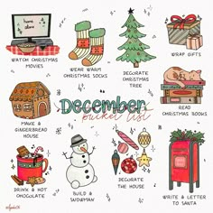 a christmas card with the words december written in different languages and pictures, including snowman