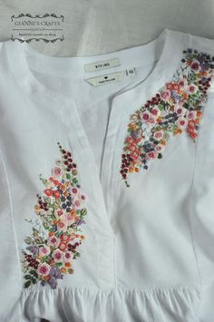 White dress Embroided Neck Designs, Karhai Kurti Designs, Customised Kurti Designs, Embriodary Design On Kurti, Embriodary Design Blouses, Embriodary Design Ideas For Blouses, Hand Embroidery In Blouse, Hand Embroidery Patterns For Kurtis, Handmade Embroidery Designs For Kurtis