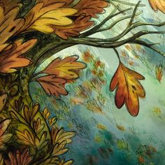 an artistic painting of flowers and leaves on a tree branch with water in the background