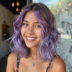 Lavender Hair Shadow Root, Brunette With Lavender Highlights, Lavender Hair Balayage, Purple Highlights Light Brown Hair, Lavender Money Piece, Light Purple Highlights Brown Hair, Light Purple Short Hair, Light Brown Hair With Purple Highlights, Lavender Curly Hair