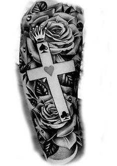 a tattoo with roses and a cross on it