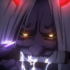 an anime character with glowing eyes and long hair, holding a knife in his hand