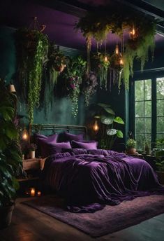 a bedroom with plants hanging from the ceiling and purple comforter on top of it