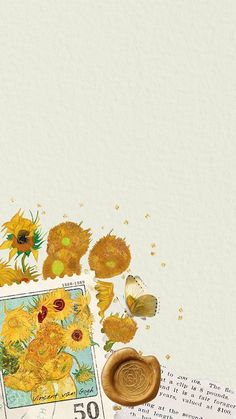 a stamp with sunflowers and other flowers on it next to a piece of paper