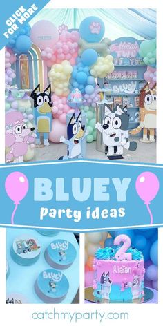 blue party ideas with balloons, cake and decorations for a kids's birthday or baby shower