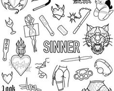 a set of tattoos and other items that are drawn in black ink on white paper